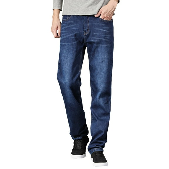 Men's Jeans Male Fleece Warm Lined Winter Straight Leg Denim Thermal Snow Trousers Men's Pants Blue 38
