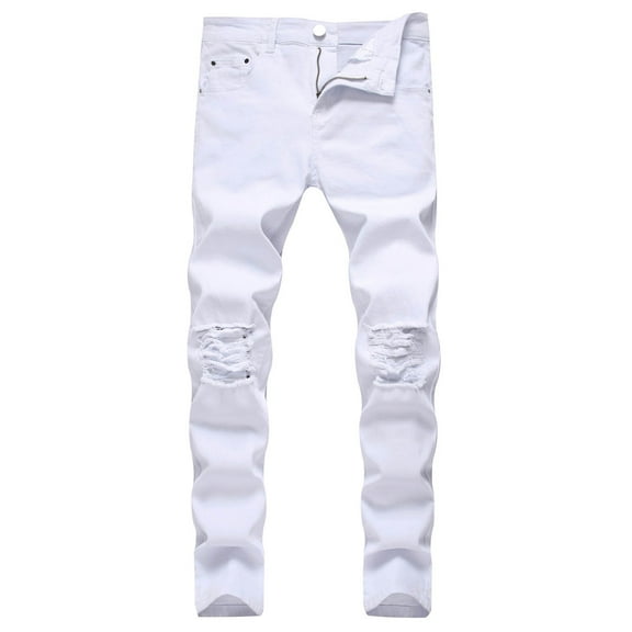 Men's Jeans Male Thin Breathable Ripped Jeans Solid Ripped Pants Slim Stretch Casual Denim Pants Boot Cut Jeans for Man White 34