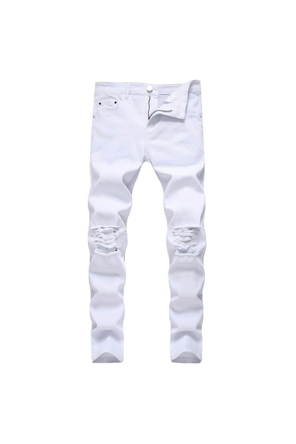 Men's Jeans Male Thin Breathable Ripped Jeans Solid Ripped Pants Slim Stretch Casual Denim Pants Mens Jeans Slim Fit White 36
