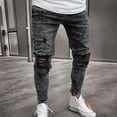thumbnail image 1 of Men's Jeans Polyester Comfort Flex Waist Loose Fit Jeans Skinny Stretch Pants Distressed Ripped Freyed Trousers Gray S, 1 of 7