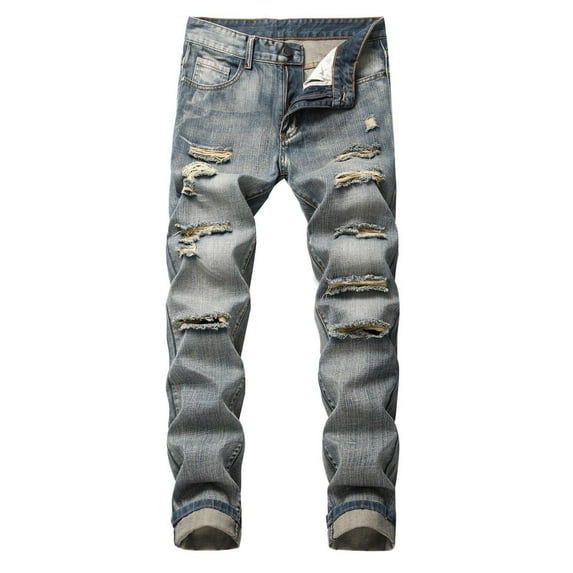 Men's Jeans Ripped Distressed Stretch Slim Fit Denim Jeans Straight Leg Street Style Pants for Men