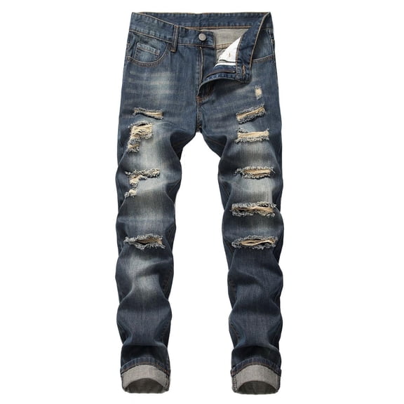 Men's Jeans Ripped Distressed Stretch Slim Fit Denim Jeans Straight Leg Street Style Pants for Men