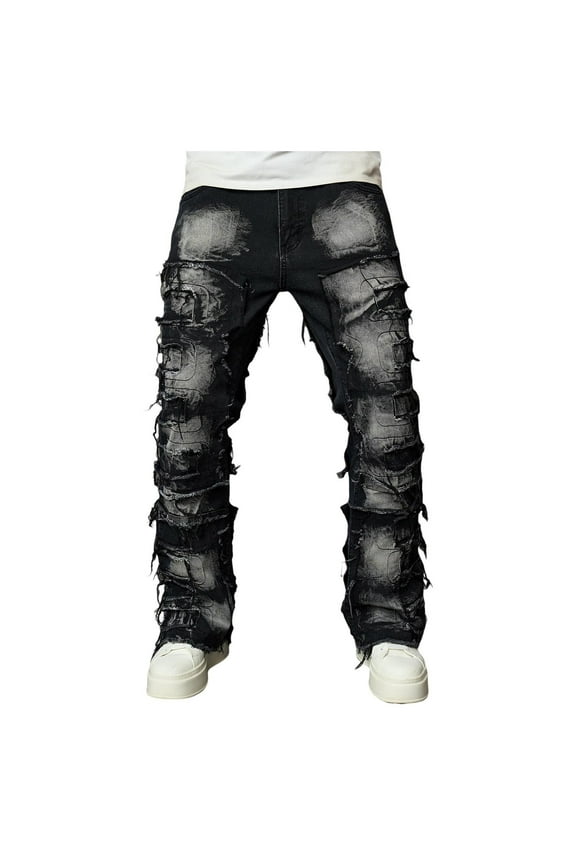 Men's Jeans Ripped Patch Slim Fit Hop Bootcut Trousers Street Style Skinny Distressed Men Pants