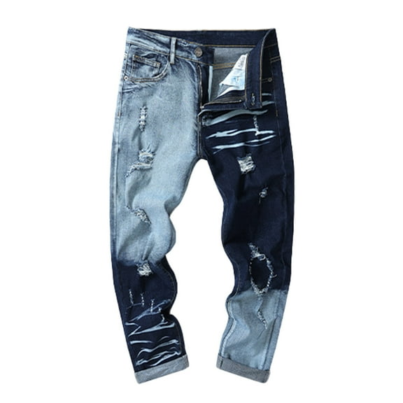 Men's Jeans Slim Fit Contrast Stitching Skinny Denim Pants With Distressed Unique Texture Casual Pants