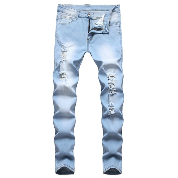 Men's Jeans Slim Fit Stretch Skinny Ripped Jeans for Men Stacked Distressed Straight Fit Denim Pants Size M-5XL Light Blue