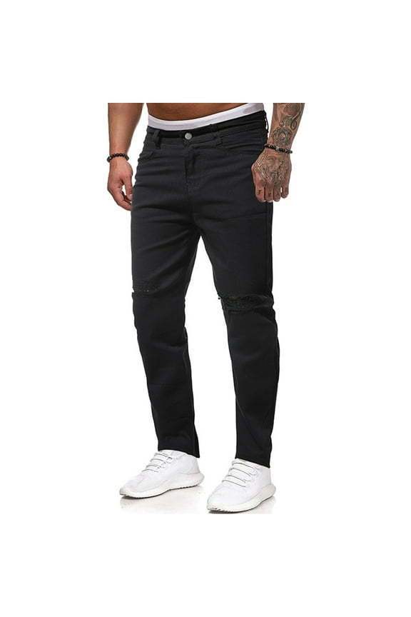 Men's Jeans Slim Straight Solid Color Button Pockets Zipper Hole Middle Waist Jeans