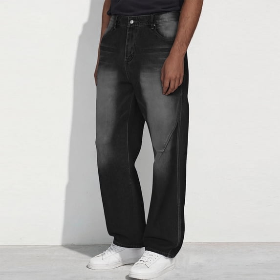 Men's Jeans Stretch Straight Solid Color Pocket Mid Waist Straight Through Full Length Pants Jeans