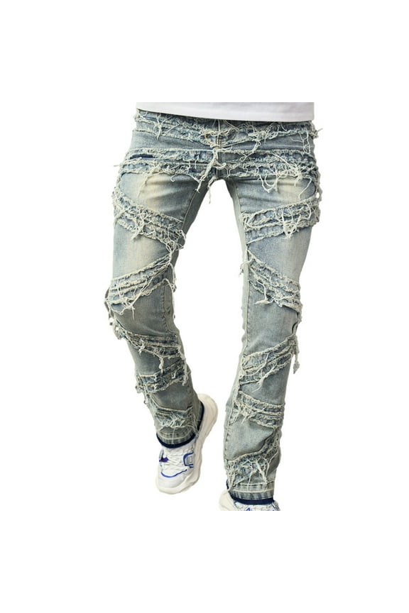 Men's Jeans Stretched Ripped Distressed Destroyed Straight Fit Washed Denim Pants Fashion Regular Stacked Patch Jeans with Pockets