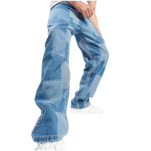 Men's Jeans cotton and Big Men's Relaxed Fit Jeans Casual Straight Leg Pocket Zipper And Button Patchwork Jean Trousers Pants Blue1 L
