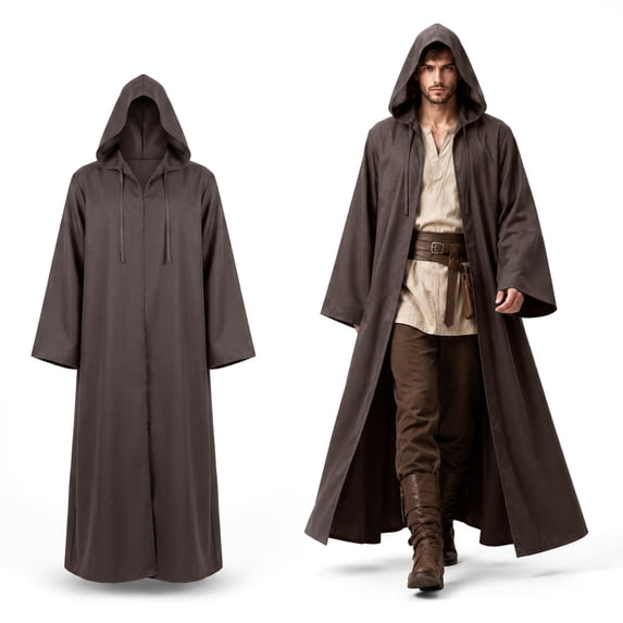 Halloween Hooded Robe Cloak, Men's Brown Tunic Cosplay Costume, Medieval Themed Jedi Knight Cape for Adults - Size S