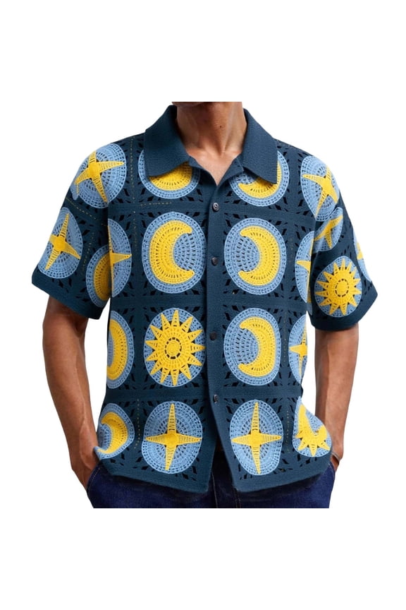 Men's Jersey Shirt Crochet Sweater Short Sleeve Button Down Star Graphic Print Hollow Out Knit Lightweight Beach Summer Tops Size 3XL Multicolor