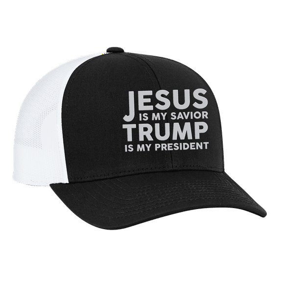 Men's Jesus is My Savior Trump is My President Adult Trucker Hat-Black with White Mesh