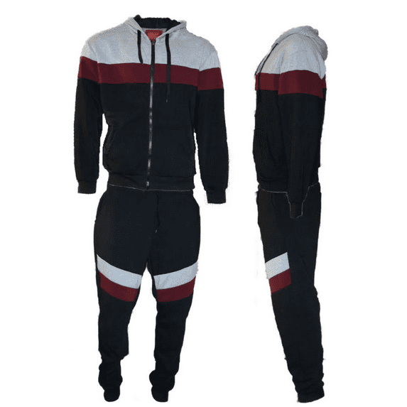 Men's Jogger 2-Piece Set Tri-Color Zip Long Sleeve & Drawstring Pant Tracksuit, Black Light Grey, XL