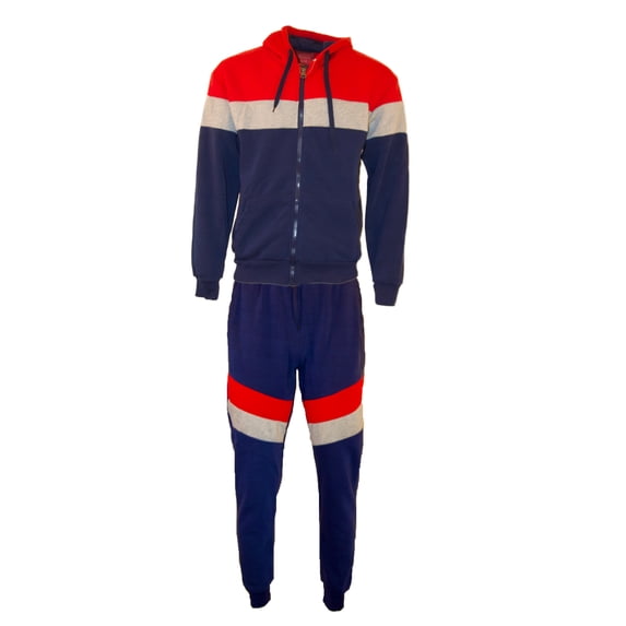 Men's Jogger 2-Piece Set Tri-Color Zip Long Sleeve & Drawstring Pant Tracksuit, Blue Red, XL