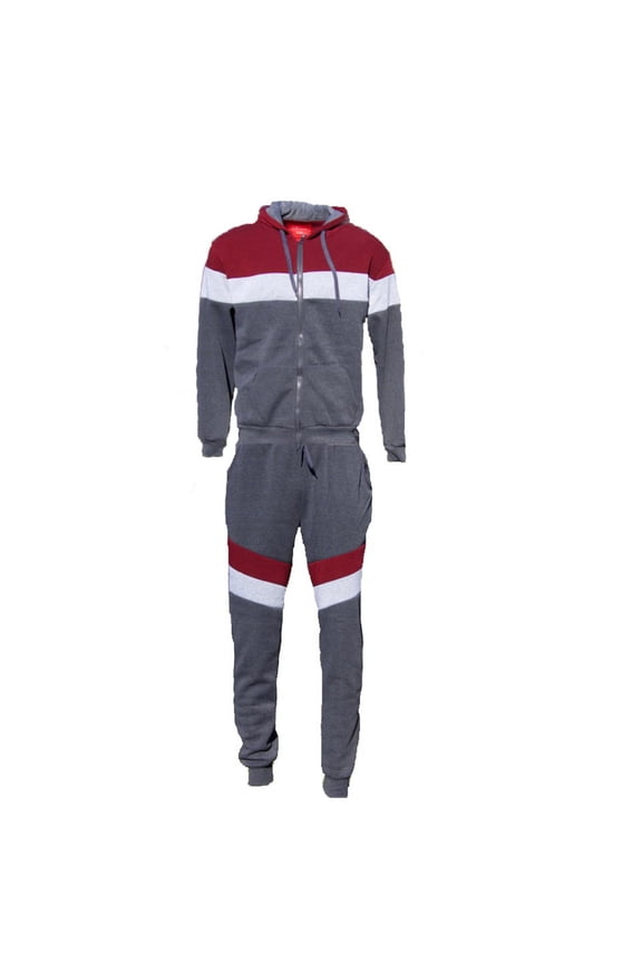 Men's Jogger 2-Piece Set Tri-Color Zip Long Sleeve & Drawstring Pant Tracksuit, Grey Burgundy, M