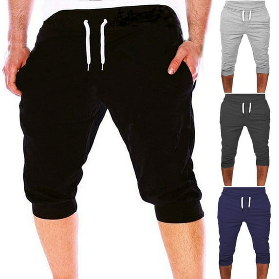 Men's Jogger Capri Pants Elastic Waist Drawstring Summer Casual Cotton Running Shorts Slim Fit Workout Gym Capri Joggers