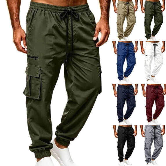 Men's Jogger Cargo Pants,Drawstring Elastic Waist Solid Color Pants with Multi Pockets for Daily Wear