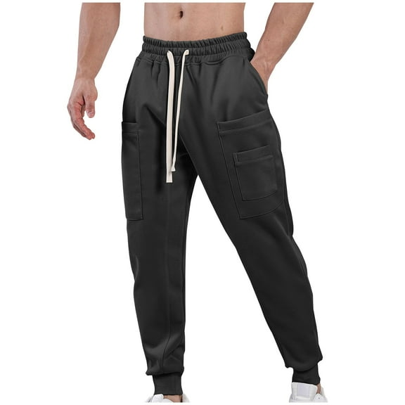 ZQUUVOU Men's Jogger Pants Cotton Casual Splice Color Pockets Elastic Waist Full Length Pants Black