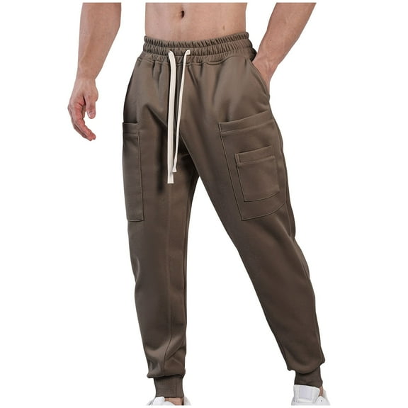 ZQUUVOU Men's Jogger Pants Cotton Casual Splice Color Pockets Elastic Waist Full Length Pants Coffee