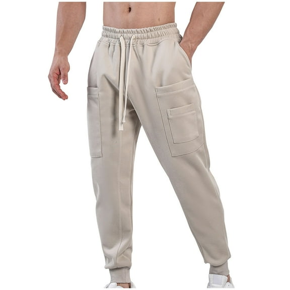 ZQUUVOU Men's Jogger Pants Cotton Casual Splice Color Pockets Elastic Waist Full Length Pants Khaki