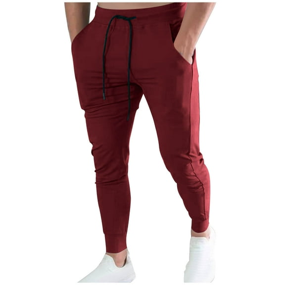 ZQUUVOU Men's Jogger Pants Drawstring Sports Fitness Pants Multi Pockets Sweatpant Full Length Pants Burgundy