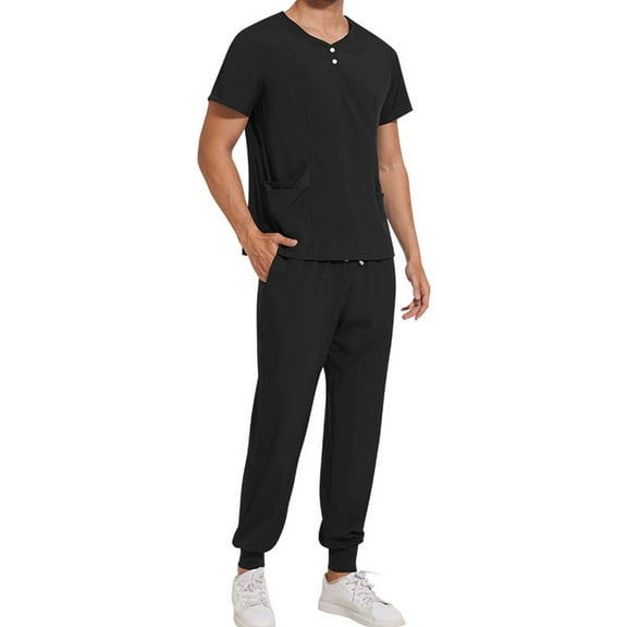Men's Jogger Pants Sets 2 Piece Professional Stretch Scrubs Short Sleeve Multi Pockets Crewneck Top and Pant Suit (2XL, Black)