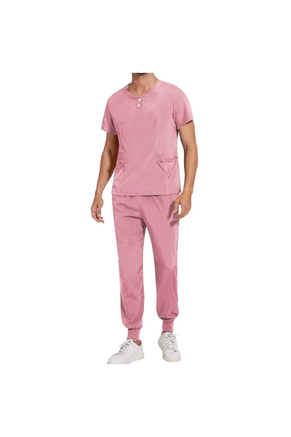 Men's Jogger Pants Sets 2 Piece Professional Stretch Scrubs Short Sleeve Multi Pockets Crewneck Top and Pant Suit (2XL, Pink)
