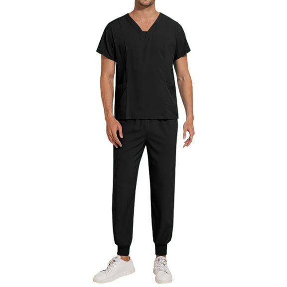 Men's Jogger Scrub Set Tuck-in Scrubs for Men with Jogger Pants and Pockets Top Black 2XL