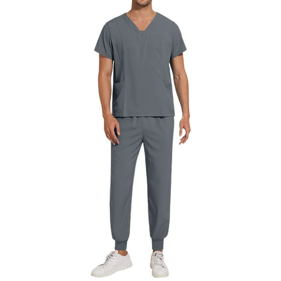 Men's Jogger Scrub Set Tuck-in Scrubs for Men with Jogger Pants and Pockets Top Gray 2XL