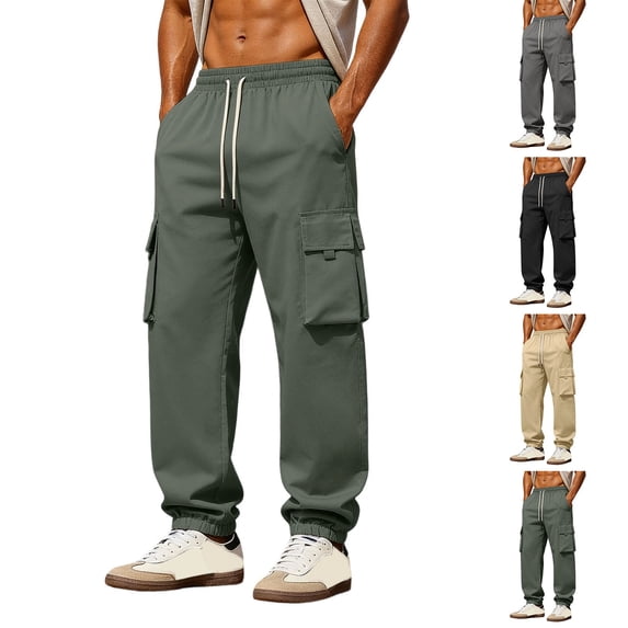 Men's Joggers Cargo Work Pants, Elastic Waist Drawstring Straight Leg, Quick Dry Lightweight Stretchy Multi-Pocket, Casual Hiking Running Athletic Daily | AKLJWH,Black XL