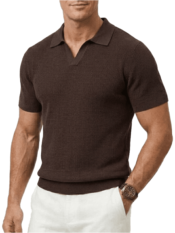 Men's Johnny Collar Knit Polo Shirt Short Sleeve Casual Buttonless Top