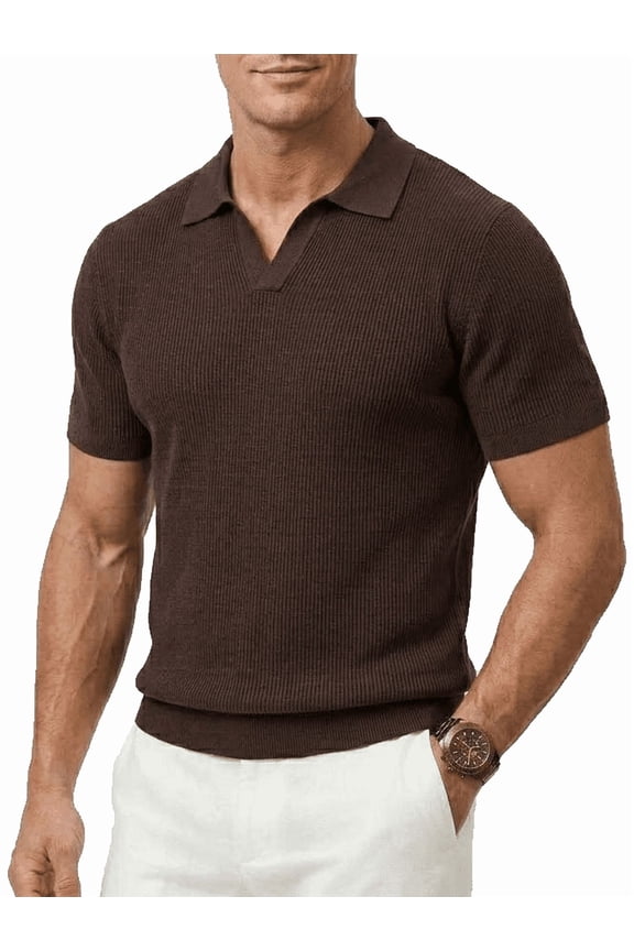 Men's Johnny Collar Knit Polo Shirt Short Sleeve Casual Buttonless Top