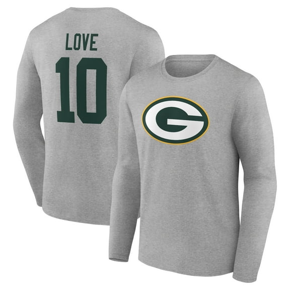 Men's Jordan Love Gray Green Bay Packers Icon Player Name & Number Long Sleeve T-Shirt