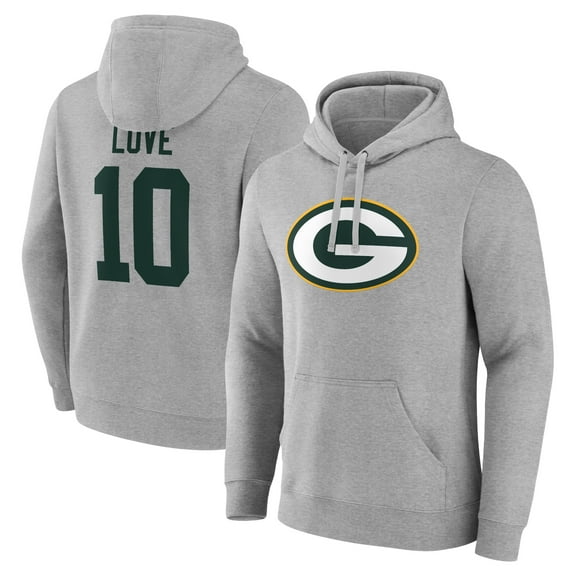 Men's Jordan Love Gray Green Bay Packers Icon Player Name & Number Pullover Hoodie