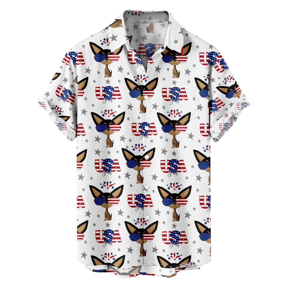 Two Palms Flag Navy Cotton Men's Open Collar Hawaiian Shirt , L