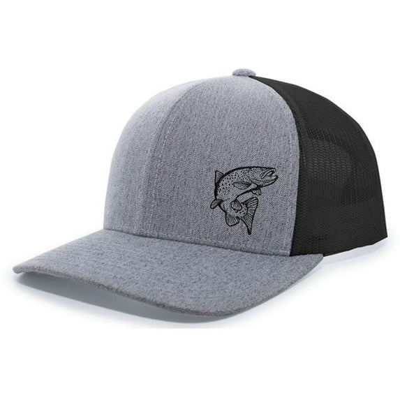 Men's Jumping Trout Fishing Embroidered Mesh Back Trucker Hat, Heather Grey/Black