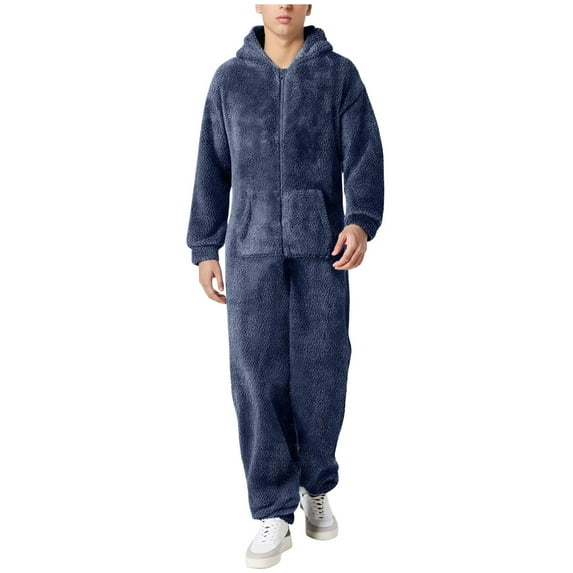 Men's Jumpsuit Casual Long Sleeve Zipper Hooded Pajamas Comfortable Sleepwear Suit for Winter Warmth and Style