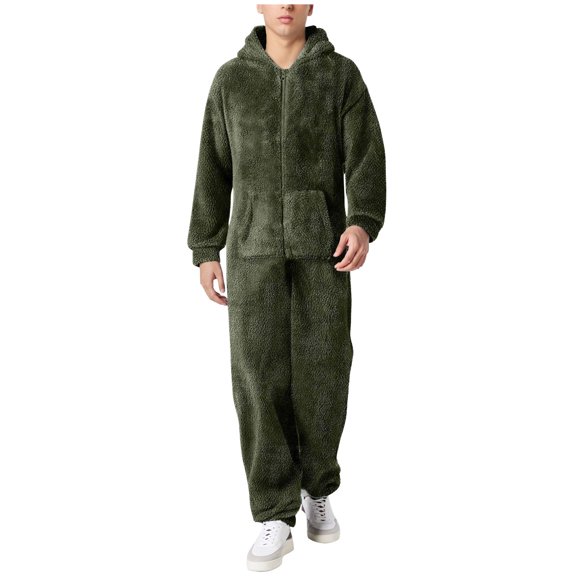Men's Jumpsuit Casual Long Sleeve Zipper Hooded Pajamas Comfortable Sleepwear Suit for Winter Warmth and Style