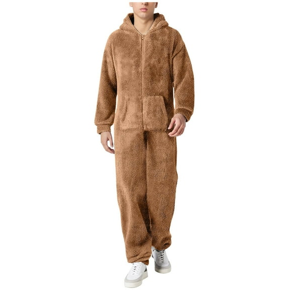 Men's Jumpsuit Casual Long Sleeve Zipper Hooded Pajamas Comfortable Sleepwear Suit for Winter Warmth and Style