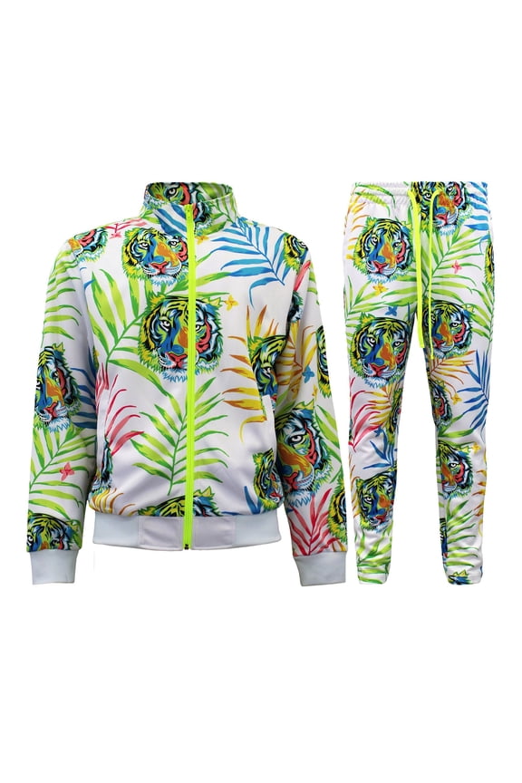 Men's Jungle Tiger Track Suits 2 Piece Sweatsuit Set ST802 - White - 5X-Large