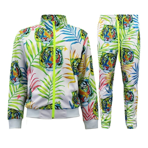 Men's Jungle Tiger Track Suits 2 Piece Sweatsuit Set ST802 - White - X-Large