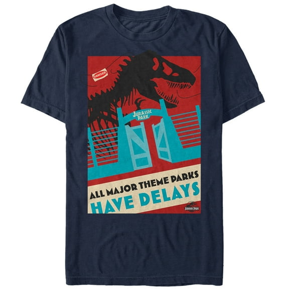 Men's Jurassic Park All Theme Parks Have Delays, T-Rex  Graphic Tee Navy Blue 2X Large