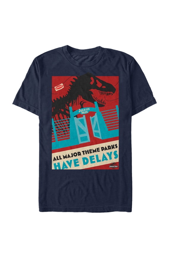 Men's Jurassic Park All Theme Parks Have Delays, T-Rex Graphic Tee Navy Blue Small