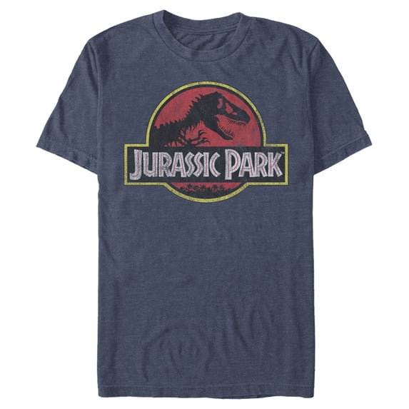 Men's Jurassic Park Distressed T-Rex Logo Graphic Tee Navy Blue Heather Large