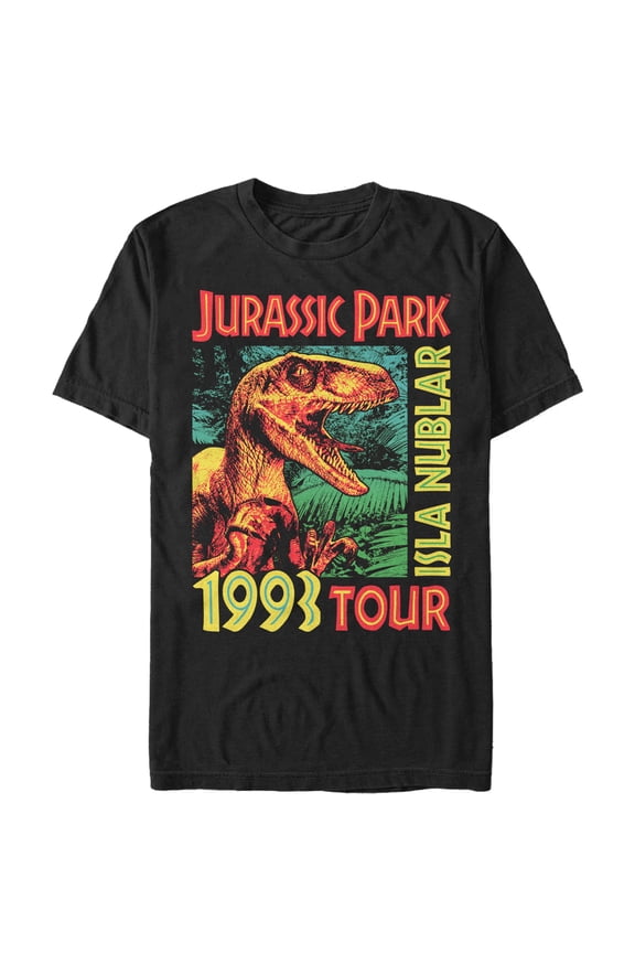 Men's Jurassic Park Isla Nublar 1993 Tour, Featuring Velociraptor Graphic Tee Black Medium