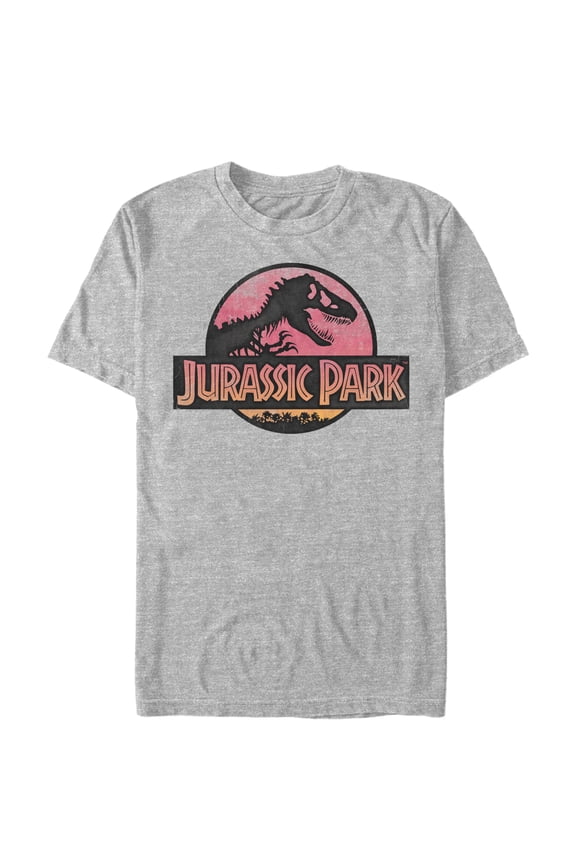 Men's Jurassic Park Logo Sunset Graphic Tee Athletic Heather Medium