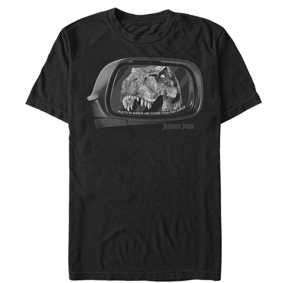 Men's Jurassic Park T. Rex In Rearview Mirror, Objects Are Closer Graphic Tee Black 2X Large