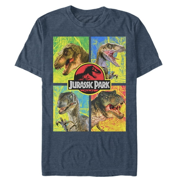 Men's Jurassic Park T. Rex and Velociraptor Graphic Tee Navy Blue Heather 2X Large