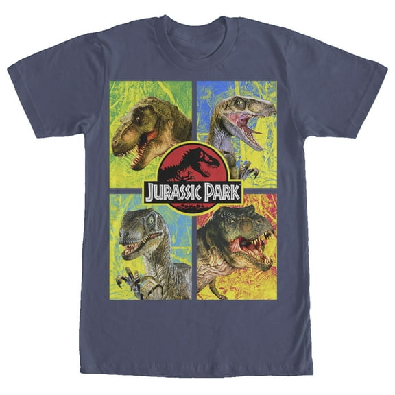 Men's Jurassic Park T. Rex and Velociraptor  Graphic Tee Navy Blue Medium