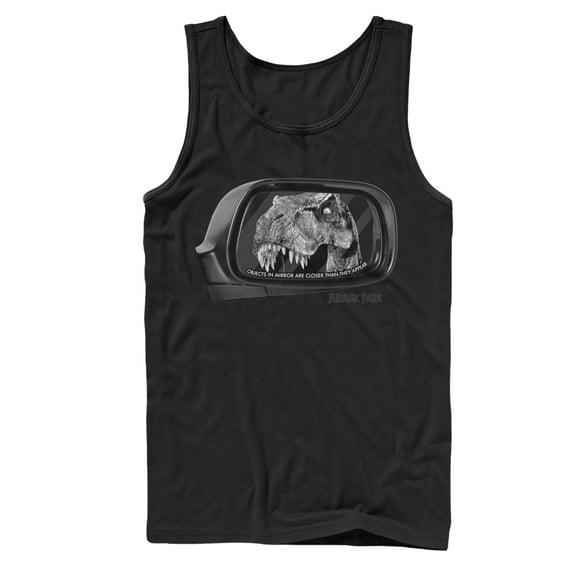 Men's Jurassic Park T. Rex in Rearview Mirror Tank Top Black 2X Large